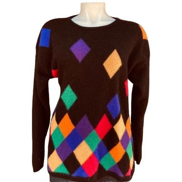 Casual Corner Sweaters - Vintage Casual Corner Wool Rabbit Sweater 90s Black Colorful Diamonds Size M